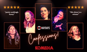 5 rectangle frames of Maydays performers in various poses during Confessions performances at Komedia Brighton