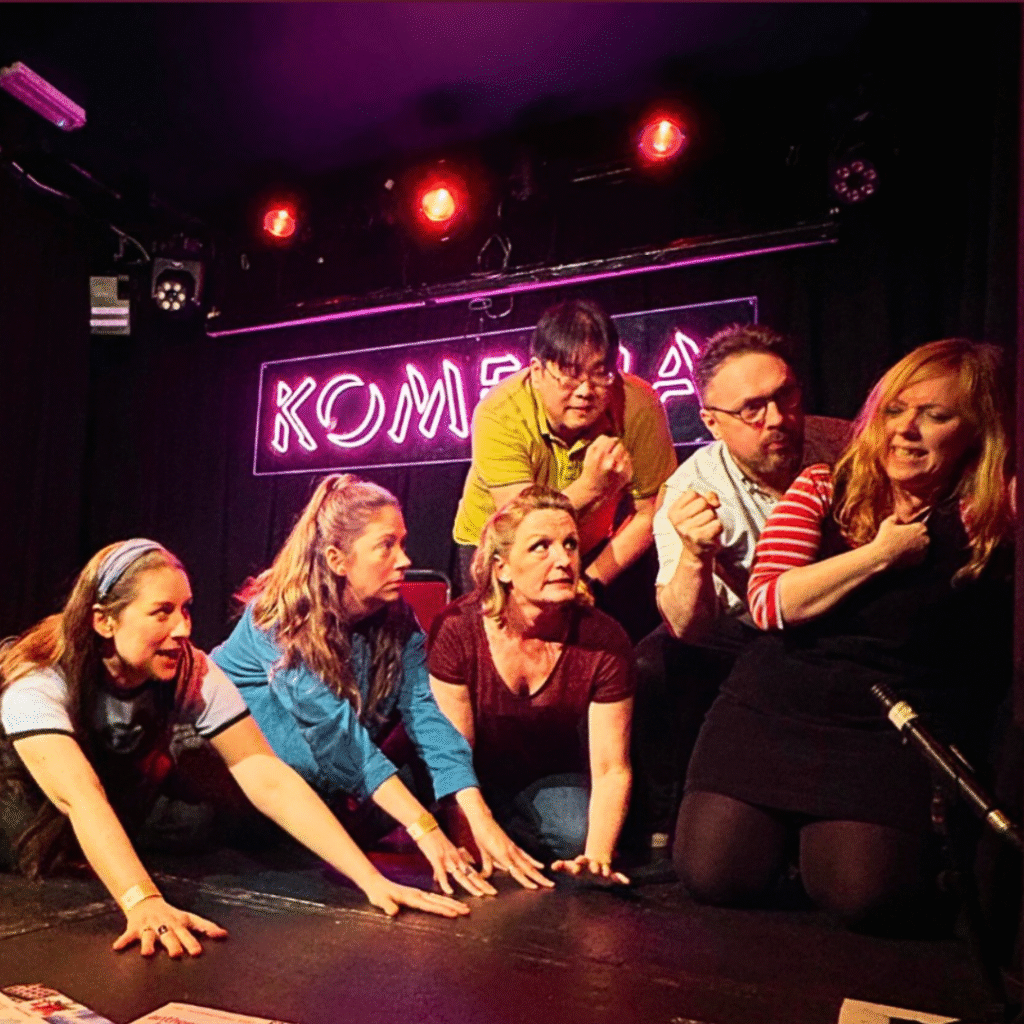 Brighton improv performers, The Maydays, creating unscripted comedy scenes live at Komedia Brighton.