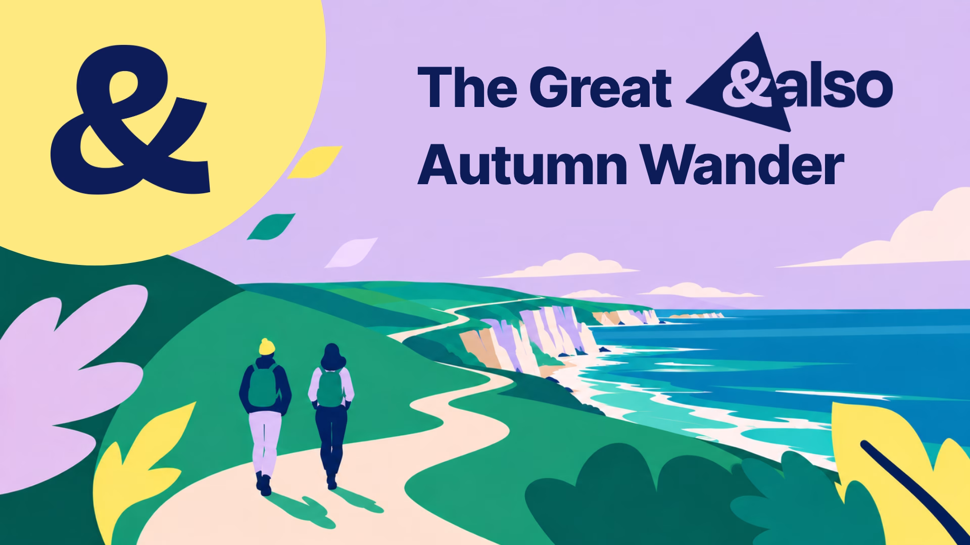 Graphic of two people walking alongside a coastal cliff top for AndAlso's annual autumn walk